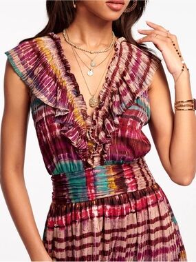 Ramy Brook Pleated Ruffle Maxi Dress Purple Multi Tie Dye Size S Orig $695